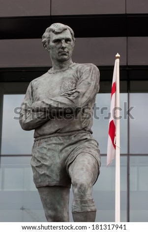 LONDON, ENGLAND - 17th FEB 2012 : Photo of the Bobby Moore statue outside Wembley Stadium, England. Bobby Moore was an English footballer, widely regarded as one of the best defenders of all time.