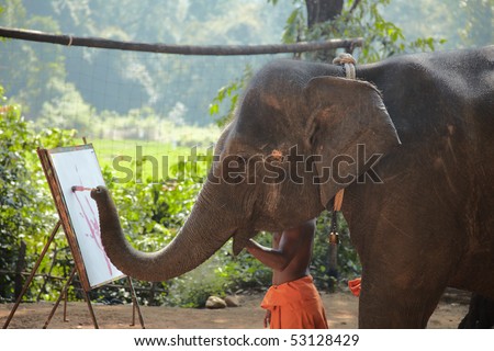 GOA, INDIA - DECEMBER 15: Elephant drawing a picture on elephants show on December 15, 2009 in Goa, India. Elephants show is a main attraction for tourists in this region.