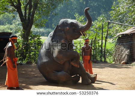 GOA, INDIA - DECEMBER 15: Two animal trainers with elephant on an elephants show at  December 15, 2009 in Goa, India. Elephants show is a main attraction for tourists in this region.