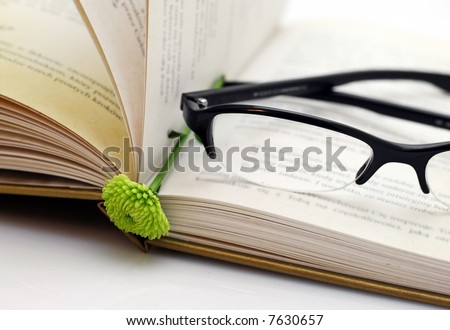 brake in reading book - opened book with small green flower and modern looked glasses in black