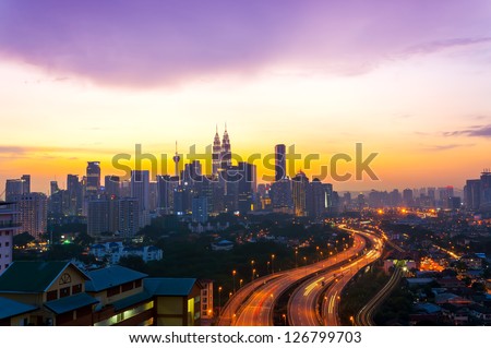 Scenery of sunset and busy highway at Kuala Lumpur, Malaysia, Asia