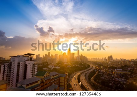 Dramatic scenery sunset of the city center at Kuala Lumpur, Malaysia, Asia