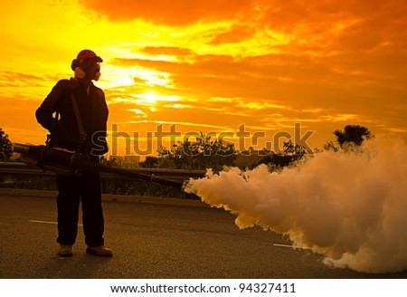 Environmental health workers are fogging to control dengue during sunset