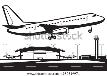 Aircraft landing on runway at airport - vector illustration