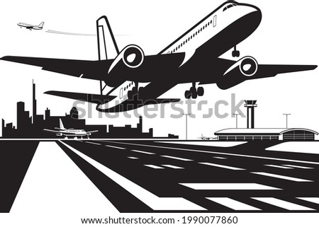 Passenger plane takes off from  runway at  city airport – vector illustration