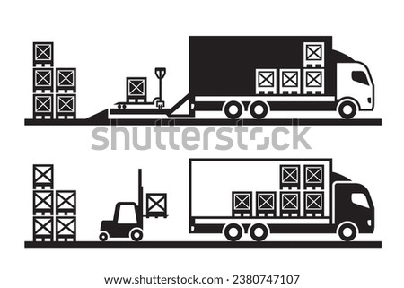 Loading goods by pallet truck and forklift - vector illustration