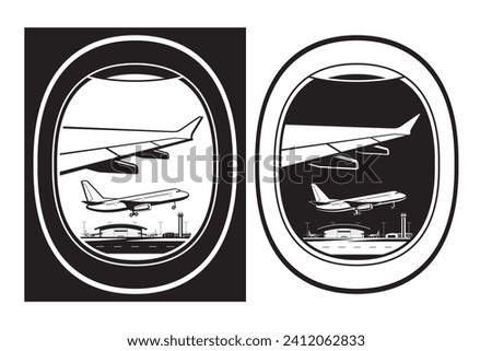 View to airport from window of passenger aircraft by day and night – vector illustration