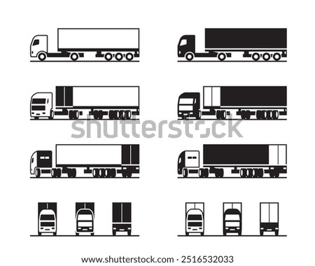 Tractor truck with cargo container in different view - vector illustration