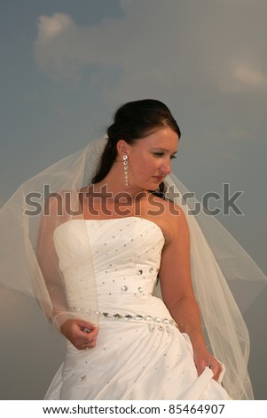 Bride in a wedding dress on a background of the blue sky.
