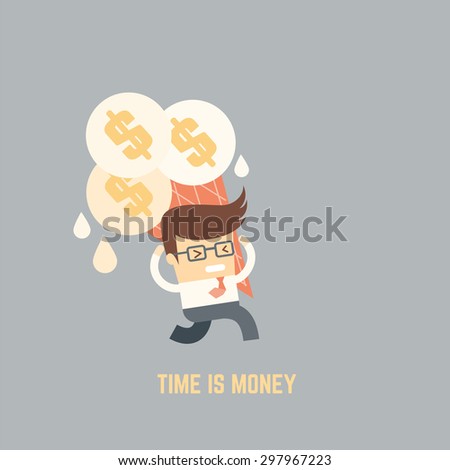 business man carrying money ice cream scoops, time is money concept
