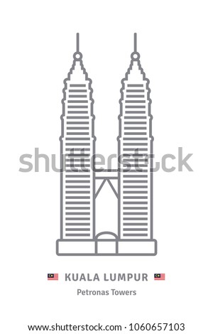 Malaysia line icon. Petronas Towers at Kuala Lumpur and Malaysian flag vector illustration.