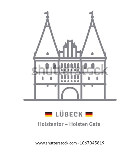 Line icon of Holsten Gate at Lubeck, Germany with German flags