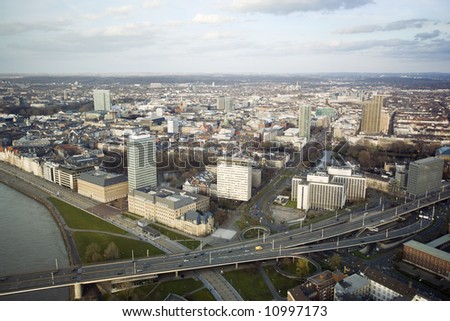 Similar – Image, Stock Photo aerial view of dusseldorf at sunset with the Rheinknie Bridge