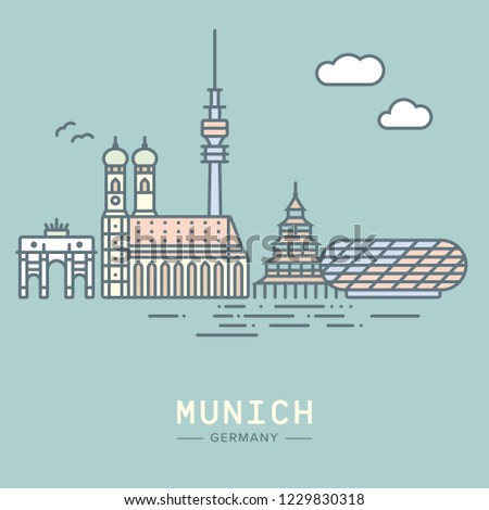 Line Icon style Munich cityscape and landmarks flat vector illustration