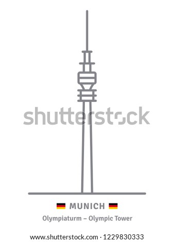 Munich line icon. Olympiaturm television tower and German flag vector illustration.