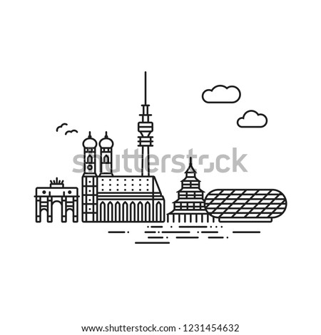 Line Icon style Munich cityscape and landmarks vector illustration