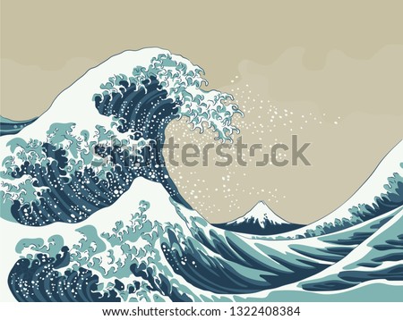 The Great Wave off Kanagawa with Mount Fuji 19th century Japanese style woodblock print by Hokusai adaptation vector illustration. 