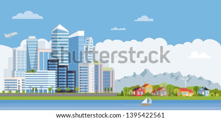 Suburban and urban landscape. Highrises and skyscrapers opposed to cottages, forest and mountains. Flat design vector illustration