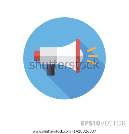 Megaphone flat design round icon. Color symbol of marketing and advertising. Long shadow vector illustration in a circle isolated on white background.