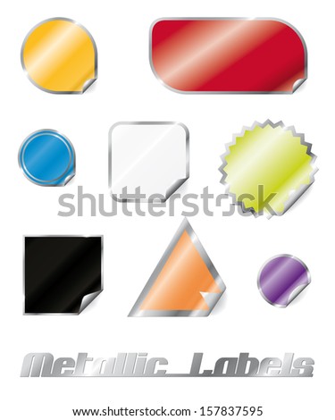 Collection of eight metallic peel-off labels in different shapes with shadows and sparkle on separate layers. Easily editable with global color swatches.