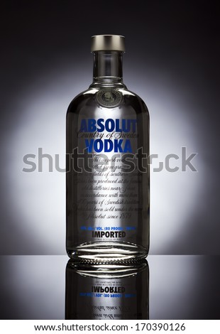 Ratingen, Germany - June 16, 2011: Absolut Vodka bottle in studio setup. Absolut Vodka is produced near A?hus in Sweden. Since July 2008 the company has been owned by the French firm Pernod Ricard.
