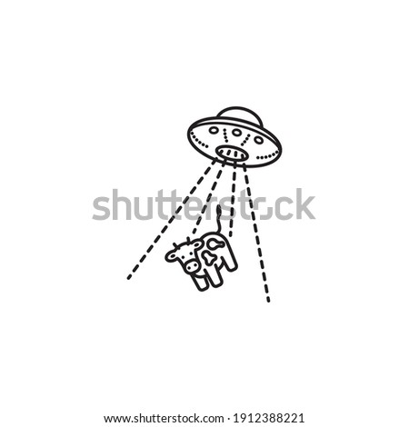 UFO abducting a cow cartoon vector line icon. Flying saucer with cow in transporter beam outline symbol.