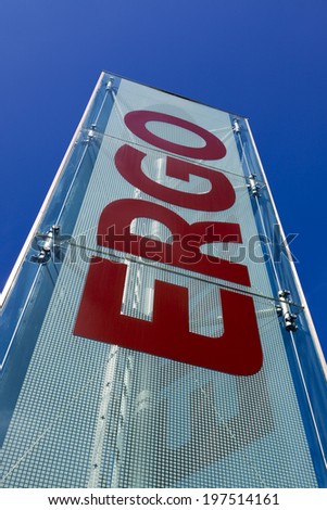 Dusseldorf, Germany -  August 20, 2011: Logo of Ergo Insurance Group in front of their headquarters. Ergo is one of the major insurance groups in Europe and belongs to Munich Re Group.