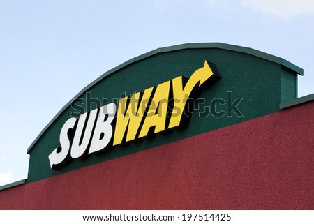 Gyhum, Germany - May 23, 2011: Sign on Subway fast food sandwich shop near the motorway A1. Subway is the world\'s largest fast food franchising company, headquartered in Milford, Connecticut.