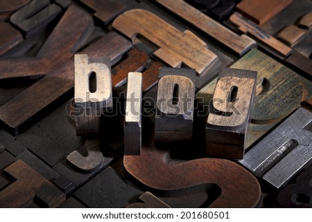 blog written with antique letterpress printing blocks on random letters background