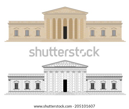 Classical Palace Vector Illustration. Detailed graphic of classical palace with columns. Color and black and white version on different layers. Flat design, no gradients