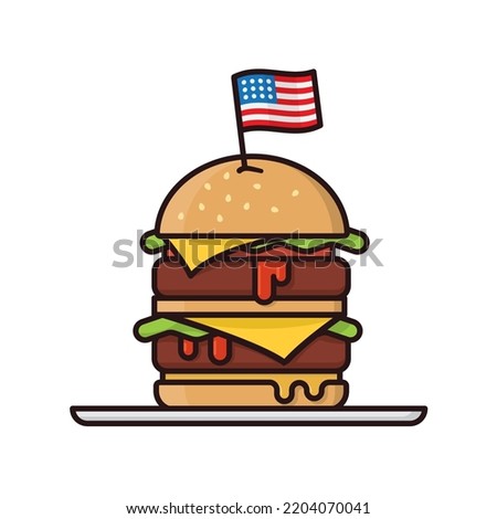 Double Cheeseburger with US flag filled outline style isolated vector illustration. American fast food symbol.