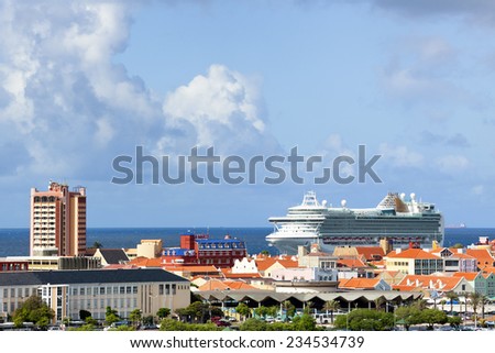Willemstad, Curacao - November 17th, 2014: MV Ventura at the port of Willemstad. The Grand-class cruise ship is owned by Carnival UK and operated by P&O Cruises.