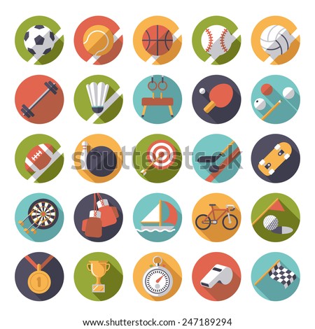 Circular sports icons flat design vector set. Collection of 25 flat design sports and gymnastics vector icons in circles.