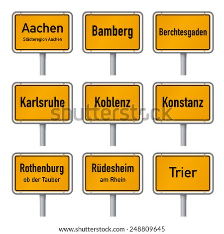 Germany Tourism Highlights City Limits Sign Vector. City limits signs of Germany's most visited historic cities vector illustration isolated on white background set, part 1