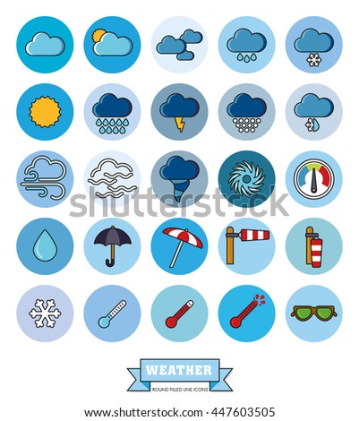 Weather and climate filled line vector icons in blue circles. Collection of 25 meteorology related symbols.