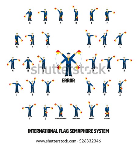 Vector illustration of sailors performing ten international flag semaphore alphabetic system. All objects grouped, named and layered.