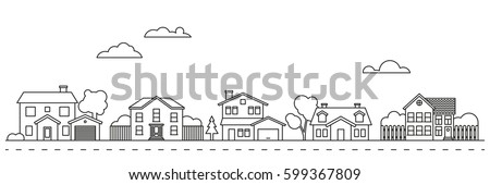 Village neighborhood line art vector. Residential buildings on suburban street.