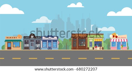 Shops and venues on suburban main street vector illustration ストックフォト © 