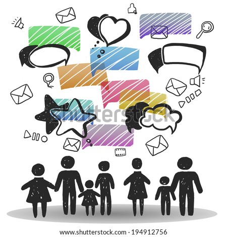 Social media people walk and talk in color speech bubbles