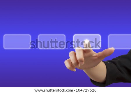 Women\'s hand pushing the button. on whiteboard