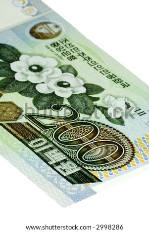 Two Hundred North Korean Won banknote isolated on a white background.