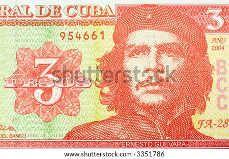 Close-Up Of Three Peso Banknote From Cuba. Ernesto 