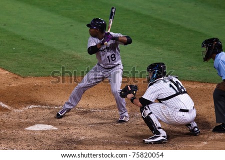 MIAMI, FL USA - APR. 22: Marlin first baseman Gaby Sanchez rounds the bases after hitting a home run in the third inning of the Colorado Rockies vs. Florida Marlins game April 22, 2011 in Miami, FL.