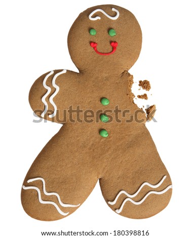 Gingerbread Man With One Arm Eating On White Background Stock Photo ...