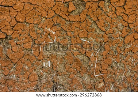 Cracked wall of cob house for background and texture. It is a natural building material made from subsoil, water and some kind of fibrous organic material.