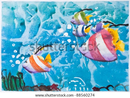 Underwater and marine's life, Kid's watercolor painting on paper