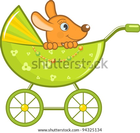 Baby animal in the green stroller, vector illustration