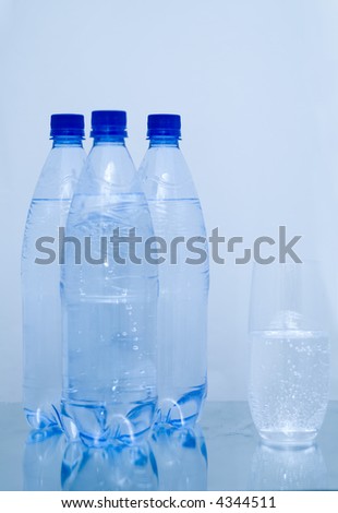 Bottles of mineral water with a glass. Isolated