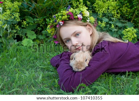 girl with flower wreath/summer/rabbit