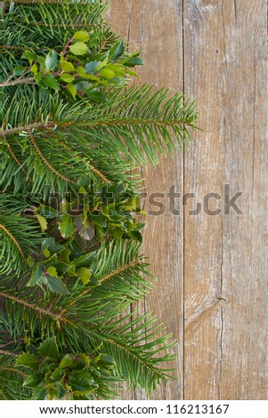 fir branches and holly branches on a wooden table/branches/christmas